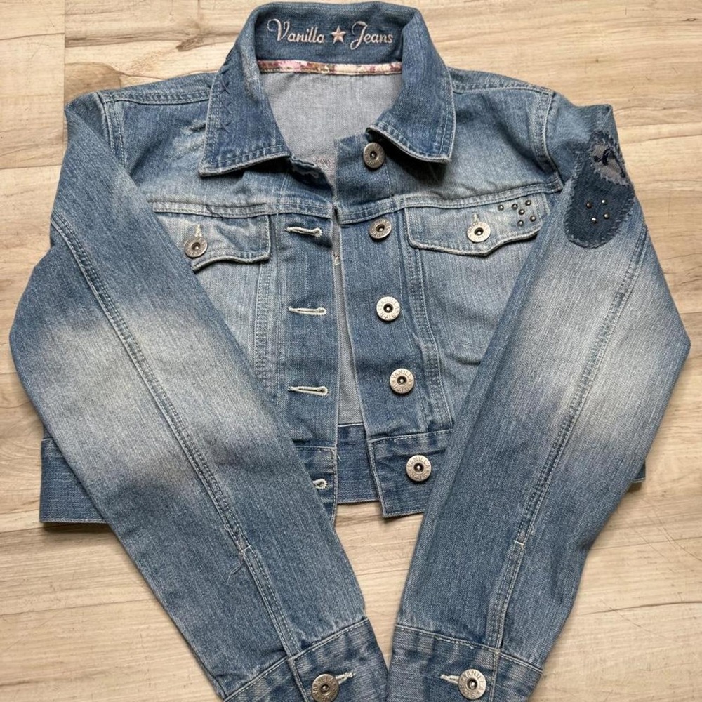 Distressed cropped denim jacket Y2K boho M